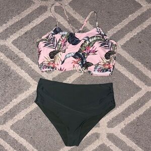 Zaful Floral Print Pink and Dark Green Bikini Set